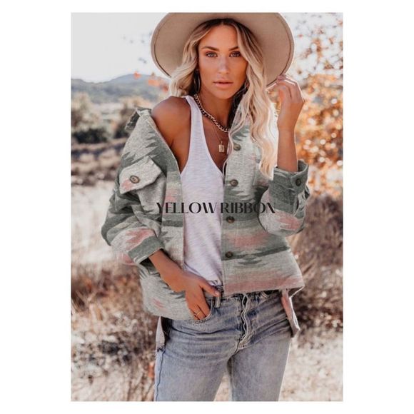 NEW Distressed Pink Aztec Print Lapel Long Sleeve Button Down Shirt Jacket - Picture 1 of 6